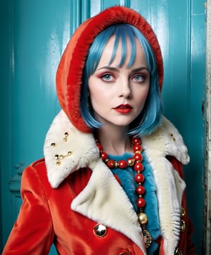 a woman with blue hair wearing a red coat, a photo, by Silvia Pelissero, chartreuse and orange and cyan, mario testino, fur, color studio portrait, photo for magazine, looks like christina ricci, colorful adornments, vintage look