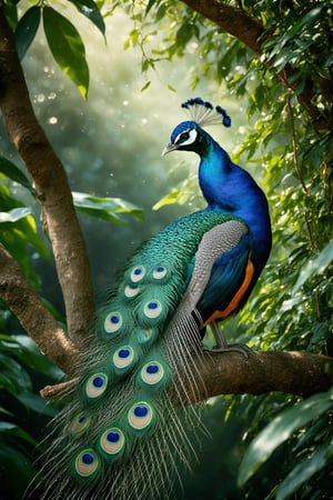 A highly detailed, ultra-realistic high-definition image of a colorful bird with intricate feather patterns in vivid blues, oranges, and purples, resembling a peacock's vibrant display. The bird sits on a branch in a natural setting, surrounded by lush greenery and dappled sunlight. The composition captures the bird's detailed plumage and vibrant colors, with sharp focus and rich detail, creating an ultra-realistic scene.