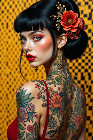 Beautiful woman with tattoo in the style of Gustav Klimt, yellow and black checkered pattern background, bright colors, gold details, floral tattoos, masterpiece, hyper realistic, in the style of Artgerm