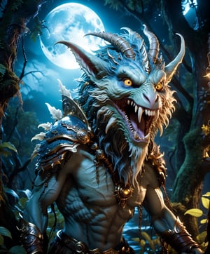 cinematic photo jay anacleto, detailed expressive eyes, fantasy style, the mysterious lop-eared plerkbuster, a wakthurbled monster ermerging from the depths of the misty dimensiflored swamps of planet laugternova vi, shown here with its vassled teeth glistening in the moonlight as it grunkles, twisting trees and juxtafondling the will-o'-the-wisps in its vicinity. 35mm photograph, film, bokeh, professional, 4k, highly detailed
