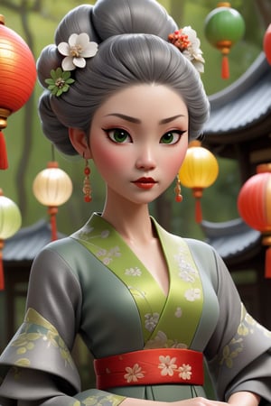 A whimsical fairytale setting featuring a woman adorned in a green and grey dress, inspired by folkloric portraits. She is accompanied by luminous spheres and geisha-inspired elements, resulting in a unique blend of cultures. The scene is rendered in daz3d for lifelike detail and vibrant colors.,Movie Still