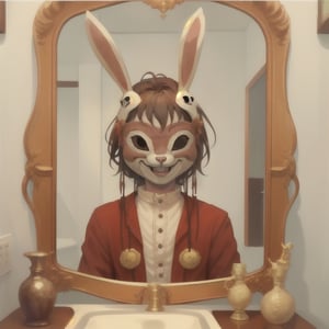 a boy wearing a smiling rabbit mask in anime style, look at a mirror