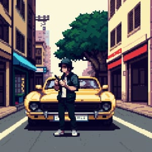 hiphop boy standing in street, wearing street fashion, hold micro, wearing snap-back, stand by a rich car, wearing gold chain, point at camera, long twist black hair