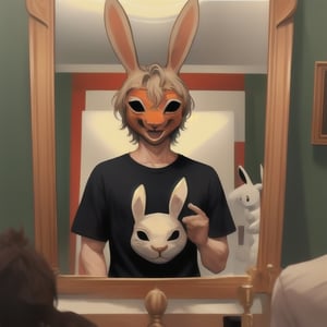 a boy wearing a smiling rabbit mask in anime style, wearing t-shirt, look at a mirror