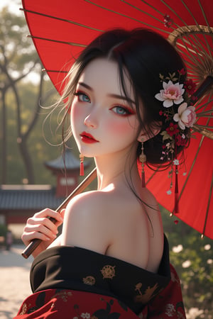 (masterpiece:1.2),best quality, high resolution, unity 8k wallpaper, perfect lighting, extremely detailed CG, fine detail, extremely detailed, soft lighting and shadow, A portrait beautiful girl wearing an off-shoulder 
 black and red kimono. The woman's head is tilted, and her hair is loose on her shoulders. Her eyes are a sharp blue, and her lips are red. Her hair is adorned with a crown of flowers, which adds a touch of beauty to the scene. The background is a Japanese temple in forest with depth of field effect. she is holding a red paper umbrella with many gold patterns, view from side.