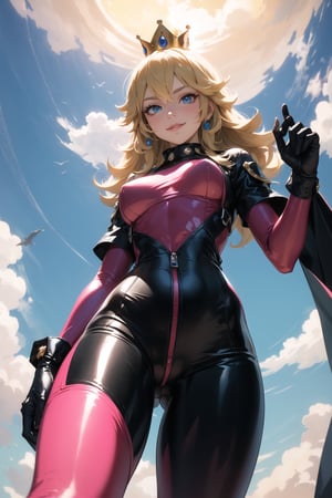 (masterpiece, best quality:1.5),(surreal:1.3), hdr, depth_of_field, vivid color, vibrance theme, 1girl, princess peach \(mario)\, blonde hair, blue eyes, long hair, crown, gem, gloves, (pink latex bodysuit), white gloves, hands_on_waist, looking_at_viewer, smirk, evil smile, frowning,(from below:1.5), fantasy castle background, outdoors, epic sky, colorful clouds, lightnings,