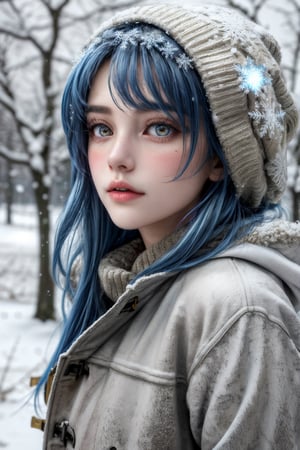 (masterpiece, best quality:1.5), (photorealistic:1.3), official art, absurdres, unity 32k wallpaper, ultra-detailed, intricate details, HDR, moments stretch and twist, turning a hurried walk into an eternity of swirling flakes. (masterpiece, detailed artwork), Snowflakes,1girl, golden eyes, sleepy, blush, (detailed lips), (cute winter coat, knitted winter coat), layla, twin drills, drill locks, blue hair, jewelry, sleepy eyes, Snow, snowflakes,masterpiece,Detailedface