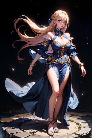 (masterpiece,  best quality:1.5),  (realistic:1.3),  official art,  (incredibly absurdres),  unity 32k wallpaper,  ultra-detailed,  surreal,  intricate details,  detailed background, (1girl:1.8), beautiful woman, glowing hair, very long hair, wearing a dress with EpicSky pattern, cleavage, off_shoulders, red lips, dynamic pose, looking_down, huge breasts, light on face, (full body:1.5), night sky, night, landscape, sparkling, crystals, glowing aura,