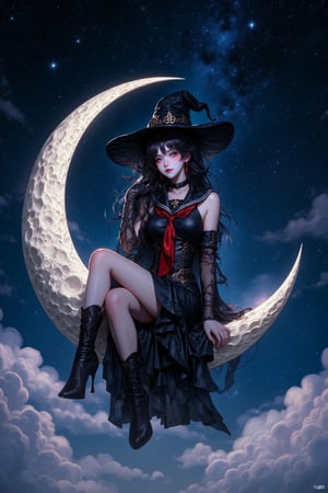 (masterpiece, top quality, best quality, official art, beautiful and aesthetic:1.2), (1girl:1.4), extreme detailed, a witch sitting on a crescent moon through a starry night, hovering on sky, cloudscape, captured in the detailed gouache style,Thriller illustration