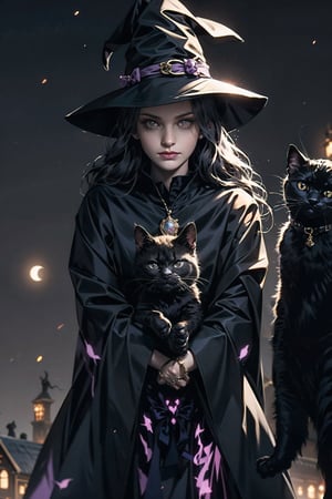 (masterpiece:1.5), (best quality:1.5), (photorealistic:1.3), amazing, 32k wallpaper, intricate details, hyperrealistic, epic, HDR, , 1girl, long hair, (hugging, black cat:1.5), looking at viewer, jewelry, upper body, glowing, glowing eyes, cloak, aura,  purple theme, witch, witch_hat, Halloween, pumpkins, night, moon, night sky, bats, EpicGhost