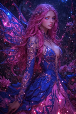 1girl, a stunning fairy with an electric blue and neon pink theme. Her long, flowing hair, a vibrant neon pink, cascades down her back, intricately resembling flowing streams of light. Her eyes, a brilliant electric blue, glow intensely with an otherworldly light, adding a mesmerizing aura to her presence. Her wings, fragile yet intricately detailed, feature magical patterns in swirling electric blue and neon pink, resembling abstract nebulae. She is dressed in a gown made of shimmering, layered fabric that shifts between shades of electric blue and neon pink, giving her a regal, striking elegance. The scene is enveloped in swirling fractal patterns in electric blue and neon pink, reminiscent of lightning and blooming flowers, creating a bold, dynamic atmosphere that enhances the fairy's captivating beauty. The overall composition is rich in contrast and texture, with a magical, almost surreal quality that brings the fairy and her surroundings to life in a dramatic interplay of electric blue and neon pink.