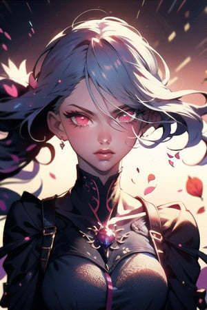 (masterpiece, best quality:1.5), (surreal:1.3), official art, absurdres, unity 32k wallpaper, intricate details, HDR, soft lighting, vibrant, depth of field, 1girl, white hair, red eyes, flying_petals, wind,EpicGhost, looking at viewer