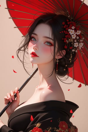 (masterpiece:1.2),best quality, high resolution, unity 8k wallpaper, perfect lighting, extremely detailed CG, fine detail, extremely detailed, soft lighting and shadow, A portrait beautiful girl wearing an off-shoulder 
 black and red kimono. The woman's head is tilted, and her hair is loose on her shoulders. Her eyes are a sharp blue, and her lips are red. Her hair is adorned with a crown of flowers, which adds a touch of beauty to the scene. simple background with falling petals with depth of field effect. she is holding a red paper umbrella with many gold patterns, view from side.