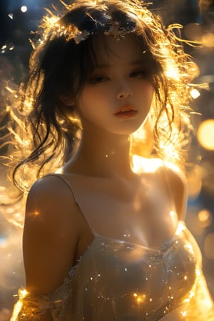 masterpiece, best quality, raw photo,1girl, portrait, seducing, simple background, off-shoulder dress,glowing aura