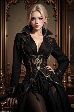 Elegantism, opulent scene, full portrait of a Victorian lady, heroic, black clothes, gold trim, castle, head and shoulders portrait, 8k resolution. (masterpiece, top quality, best quality, official art, beautiful and aesthetic:1.2), (1girl:1.4), upper body, blonde hair, portrait, extreme detailed, ,Leonardo Style