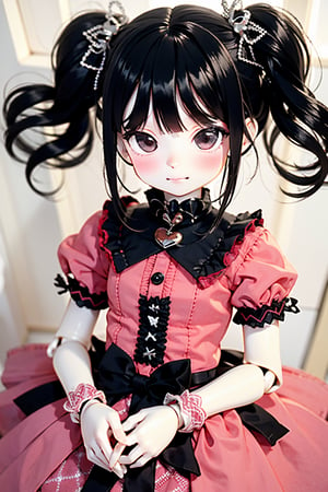 1girl, solo, long hair, looking at viewer, bangs, black hair, gloves, dress, twintails, braid, multicolored hair, black eyes, fishnets, lolita fashion, joints, doll joints, EpicDoll, doll,
