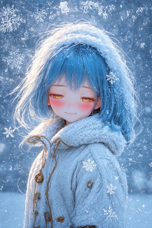 (masterpiece, best quality:1.3), (surreal:1.3), intricate details, poster style, 1girl,  moments stretch and twist, turning a hurried walk into an eternity of swirling flakes. (masterpiece, detailed artwork), Snowflakes,1girl, golden eyes, sleepy, blush, (detailed lips), (cute winter coat, knitted winter coat), layla, twin drills, drill locks, blue hair, jewelry, sleepy eyes, Snow, snowflakes,masterpiece,Detailedface
