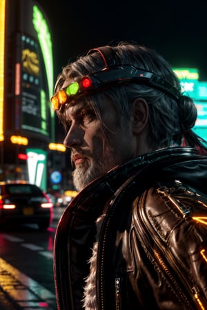 (masterpiece, best quality:1.5), (photorealistic:1.3), official art, absurdres, unity 32k wallpaper, ultra-detailed, intricate details, HDR, Santa Claus wearing a sleek cyberpunk ensemble, with neon accents and futuristic accessories, boldly stands atop a bustling digital highway. Behind him, a sprawling metropolis of the future emerges, casting a mesmerizing glow across the horizon. The photograph, taken from a low-angle,