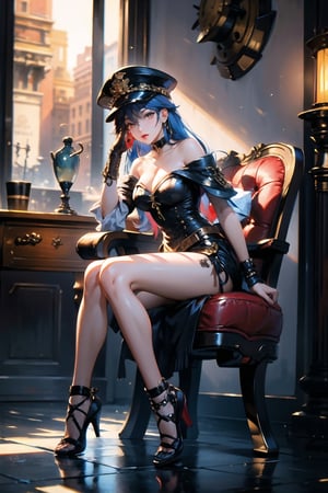 (masterpiece, best quality:1.5), (surreal:1.3), intricate details, portrait, 1girl, large breasts, The girl is touching the mask, holding mask, (((off_shoulders))), leather jacket, colorful tatoos, glowing, glowing aura, looking at viewer, , metalic fingers, 
steampunk architecture background,big cap,steampunk glass, Mechanical arm, mechanical leg, steampunk style dress, yellow long hair,full_body, red lips, sexy sitting position, The scene exudes an ethereal and dreamy atmosphere, with a touch of mystery and sexiness. The graphic style blends watercolor and digital illustration techniques to evoke a refined beauty and charm. The lights are filled with soft light, casting soft highlights and shadows on her charming features, front light, Bare thighs, three-dimensional facial features, red clear eyes,