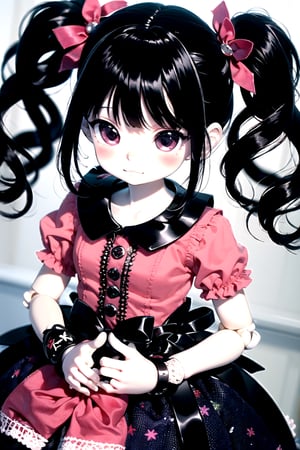 1girl, solo, long hair, looking at viewer, bangs, black hair, gloves, dress, twintails, braid, multicolored hair, black eyes, fishnets, lolita fashion, joints, doll joints, EpicDoll, doll,