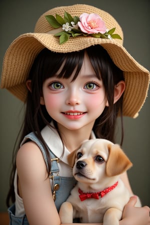 A cute little girl with big green eyes, florish large hat, smiling to camera, hugging a cute puppy. Ultra realistic photo.