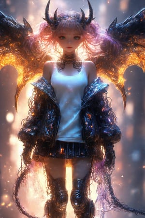 masterpiece, best quality,intricate details, poster style, 1girl, (cyborg), mechanical limbs, jacket, slight smile, sci-fi theme, cyberpunk, tangled, cybernetic parts, wires, cables, boots, (post-apocalypse), glowing, glowing aura hair ornament, Calligraphy, (horns), maid_dress, colorful_girl, (giant dragon wings:1.3),colorful_girl, colorful hair, sparkle