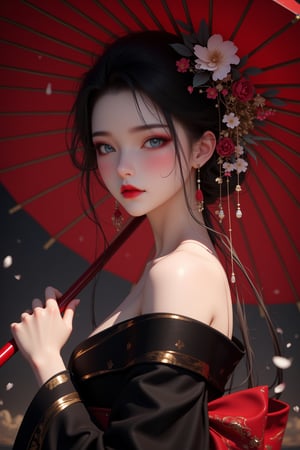 (masterpiece:1.2),best quality, high resolution, unity 8k wallpaper, perfect lighting, extremely detailed CG, fine detail, extremely detailed, soft lighting and shadow, A portrait beautiful girl wearing an off-shoulder 
black and red kimono with gold patterns. The woman's head is tilted, and her hair is loose on her shoulders. Her eyes are a sharp blue, and her lips are red. Her hair is adorned with a crown of flowers, which adds a touch of beauty to the scene. dark night background with falling petals and the depth of field effect. she is holding a red paper umbrella with gold patterns, view from behind, 