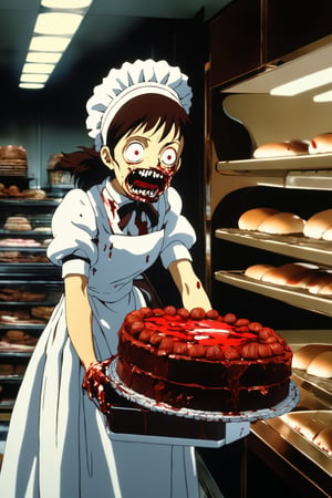 (masterpiece,  best quality:1.5),  (ghibli:1.3), official art,  hdr,  vivid color,  depth of field,  1girl,  zombie,  maid outfit,  carrying a chocolate cake tray,  in a luxury bakery store,  (looking at viewer),  horror theme,  wounded,  wound,  caseation,  rotten,  putrefaction
