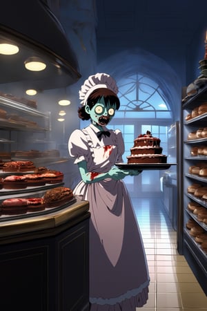 (masterpiece,  best quality:1.5),  (ghibli:1.3), official art,  hdr,  HDR, illustration about a zombie girl dressing maid outfit carrying a chocolate cake tray, in a luxury bakery store, looking at viewer, horror theme
