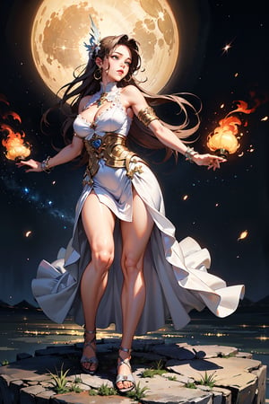 (masterpiece,  best quality:1.5),  (realistic:1.3),  official art,  (incredibly absurdres),  unity 32k wallpaper,  ultra-detailed,  surreal,  intricate details,  detailed background, (1girl:1.8), beautiful woman, glowing hair, very long hair, wearing a dress with EpicSky pattern, cleavage, off_shoulders, red lips, dynamic pose, looking_down, huge breasts, light on face, (full body:1.5), night sky, night,weiboZH, landscape, 