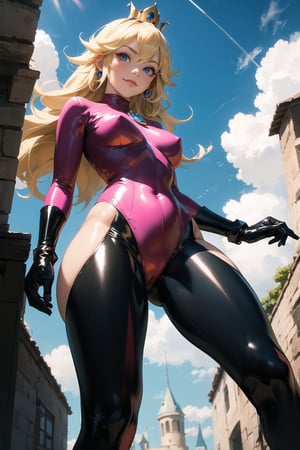 (masterpiece, best quality:1.5),(surreal:1.3), hdr, depth_of_field, vivid color, vibrance theme, 1girl, princess peach \(mario)\, blonde hair, blue eyes, long hair, crown, gem, gloves, (pink latex bodysuit), white gloves, hands_on_waist, looking_at_viewer, smirk, evil smile, frowning,(from below:1.5), fantasy castle background, outdoors, epic sky, colorful clouds, lightnings,