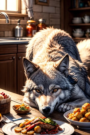 1 wolf is eatting turkey 