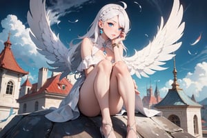 official art, unity 8k wallpaper, ultra detailed, beautiful and aesthetic, masterpiece, best quality, looking up, bird view, (angel wings:1.3), (falling feathers:1.3), 
(ahoge:1.13),lady, solo, starry sky, (white hair:1.2), (iridescent hair), shiny skin, earrings, sexy, jewelry, parted bangs, blue eyes, crown braid, hair ornament, (long hair:1.3), cleavage, long white dress, (sitting on the top of the building:1.3),