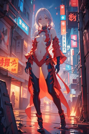 (masterpiece), (best quality), (ultra-detailed), (best illustration), (best shadow), (absurdres), Female, 25 years old, steam, outfit-inori, v-shaped eyebrows, serious, steam, neon, 