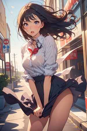1 girl, school uniform, high school girl,marilyntug, dress tug、embarrassing、nsfw,clothes tug, cocktail dress, cocktail glass, wind,, masterpiece, best quality, highly detailed, CLOTHES TUG, nsfw, 