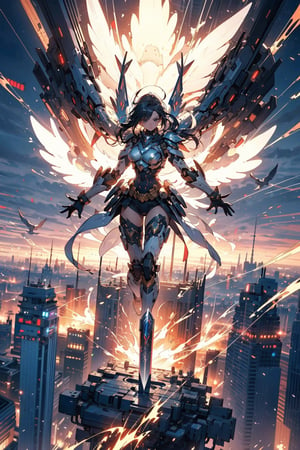 (4k), (masterpiece), (best quality), (award winning), (cinematic lighting), (extremely detailed), (epic), whole body, ((girls fly in the sky, girls are far away)), girls are beautiful Valkyries, Valkyrie has very short and black hair and brown eyes, Valkyrie holds a magical valkyrie sword, Valkyrie has big giant angel wings,  (((dynamic_pose))),  Valkyrie's clothes are symmetrical and mechanical,,mecha_girl_figure,mecha,midjourney,DonMF41ryW1ng5