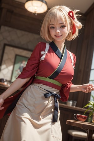 masterpiece, best quality, highres, aachisato, short hair, hair ribbon, japanese clothes, (red kimono:1.2), sash, (brown apron:1.2), , indoors, cafe, holding tray, smile,aachisato, (smile:1.2) ( shiny oil skin:1.0), cowboy_shot, curved body, (dynamic sexy pose:1.7), sexy body, (gigantic breast:1.2), 9 head length body, looking at viewer, from below,