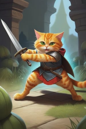 marmalade cat, with a sword, fighting a pack of goblins