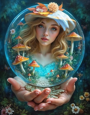 a crystal clear glass transparent blue orb filled with mesmerising vibrant cobbled stone path mushroom village in a palm of a gorgeous sexy face beautiful female fairy with a wavy golden hair style ornated with vibrant flower, realistic oil on canvas painting with strong influence of Don Lawrence style