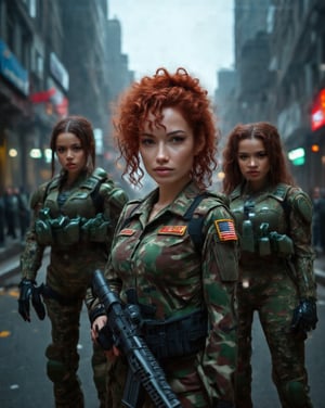 Short Curly Red Hairstyle Gorgeous Ultra intelligent and highly enhanced Female Military Cyborg Commander with her two Gorgeous enhanced Female Military Combat Cyborg Soldier in camo suite in the city street. Insanely super detailed and intricate, ornate, hyper-realistic, hypermaximalist, photograph, super detailed, high resolution, full color, 4K, 8K high Definition. Canon EOS 5D Mark III, 35 mm Canon f/16, Exposure time: 1/125, ISO 250.