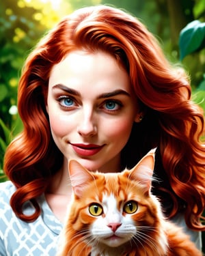 red-haired girl [Elizabeth II:Gal Gadot:0.45] with a full sized  red mainecoon cat, (best quality, masterpieces, ultra-detailed), beautiful detailed eyes, beautiful detailed lips, longeyelashes, vibrant colors, illustrative style, oil painting texture, flowing red hair, cozy garden background, soft sunlight, lively expression, joyful interaction with the cat, dynamic pose, realistic rendering.