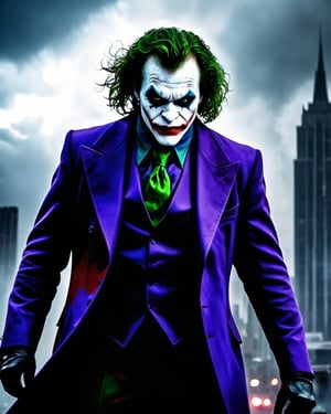 a captivating dark fantasy image of Raging Anger Spawned Undead Joker in the heart of Gotham City. The ominous sky, the dark glow, and the chaotic cityscape will come together to evoke a sense of otherworldly menace