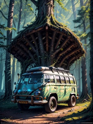 A cinematic scenic view of a bohemian hippie vw camper van in the 1970's parked in a wood, ornate, insanely detailed and intricate, volumetric lighting, neon punk afternoon, a masterpiece photo realistic illustration of British color comic maestro Don Lawrence, automotive draw detaling by Shirow Masamune, art by Artgem, trending at Artstation, 