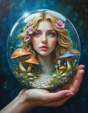 a crystal clear glass transparent blue orb filled with mesmerising vibrant cobbled stone path mushroom village in a palm of a gorgeous sexy face beautiful female fairy with a wavy golden hair style ornated with vibrant flower, realistic oil on canvas painting with strong influence of Don Lawrence style