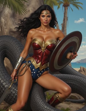 Wonder Woman borrowing Captain America's Vibranium Shields in a Serpent Island, portraits, realistic oil on canvas painting, Don Lawrence style