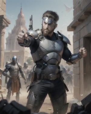Epic digital artwork of An Emperor, midle age, powerful, brunette, short beard, badass, donning futuristic cybernetic body armour in Ancient Roman style, trasparent navigation faceshield, pointing fist to the sky, Masterpiece artwork of Don Lawrence influenced by Alphonse Mucha