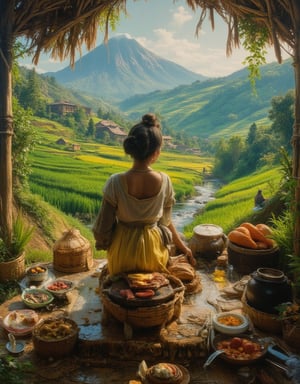 Beautiful peasant Indonesian girl with hairbun and kebaya, prepares meal at the bamboo hut, terraced rice field, river stream, volcano, village in a far distant, other farmers at rice fields working, serene and tranquil scene, oil on canvas painting in the style of Raden Saleh paintings, octane render