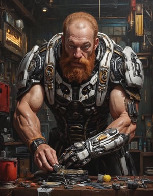 A rugged dude, muscled burly body builder, red bearded, determined content expression, cleaning his parts of his exo skeleton mecha body armor, carefully and passionately, at his mecha docking station, insanely detailed and intricate scene, oil on canvas painting, with Don Lawrence realistic style