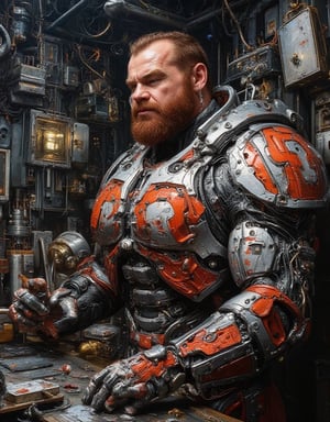 A rugged dude, muscled burly body builder, red bearded, determined content expression, cleaning his parts of his exo skeleton mecha body armor, carefully and passionately, at his mecha docking station, insanely detailed and intricate scene, oil on canvas painting, with Don Lawrence realistic style