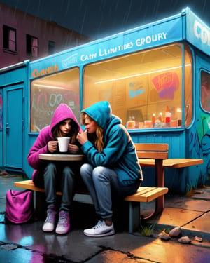 A picture of ((two beautiful female)) homeless, a refugees in their own city, sipping a cup of take away coffee in front of their camp on a pavement in front of an ((abandoned grocery store)) with vibrant graffiti on the wall, with a lot of neighboring tents, insanely detailed street objects, night street lighting, masterpiece cinematic illustration with Don Lawrence color pencil, octane render, ultra sharp and crisp, 4k, high resolution, with more people in the background, including an old man playing guitar nearby, with rainy weather and umbrellas